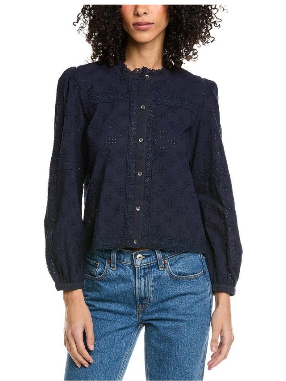 J.McLAUGHLIN Navy Eyelet Blouse, Sz M